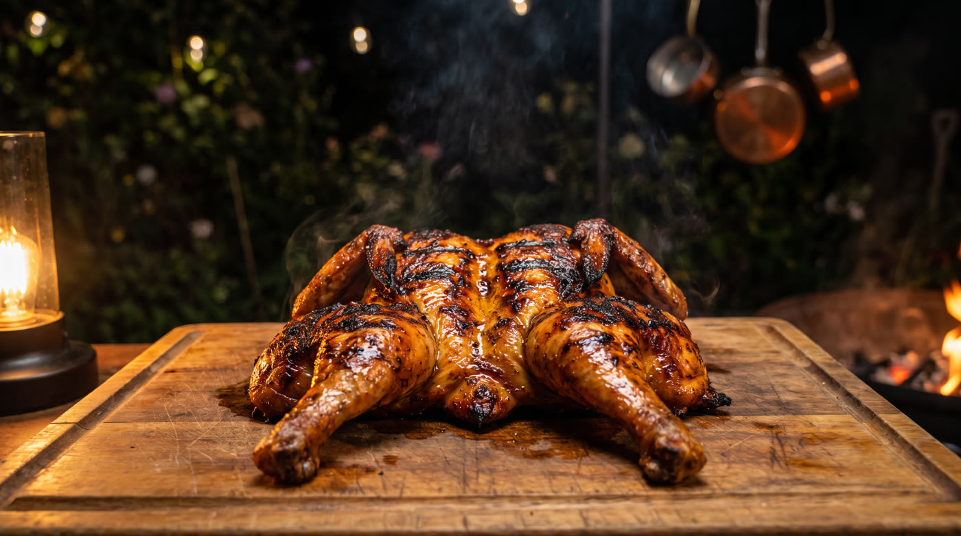 Charcoal grilled chicken resting on a wooden board