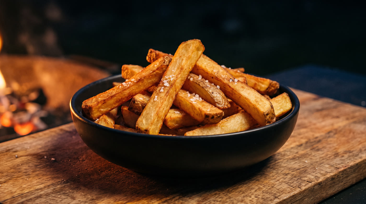 Hand cut fries piled in a black bowl