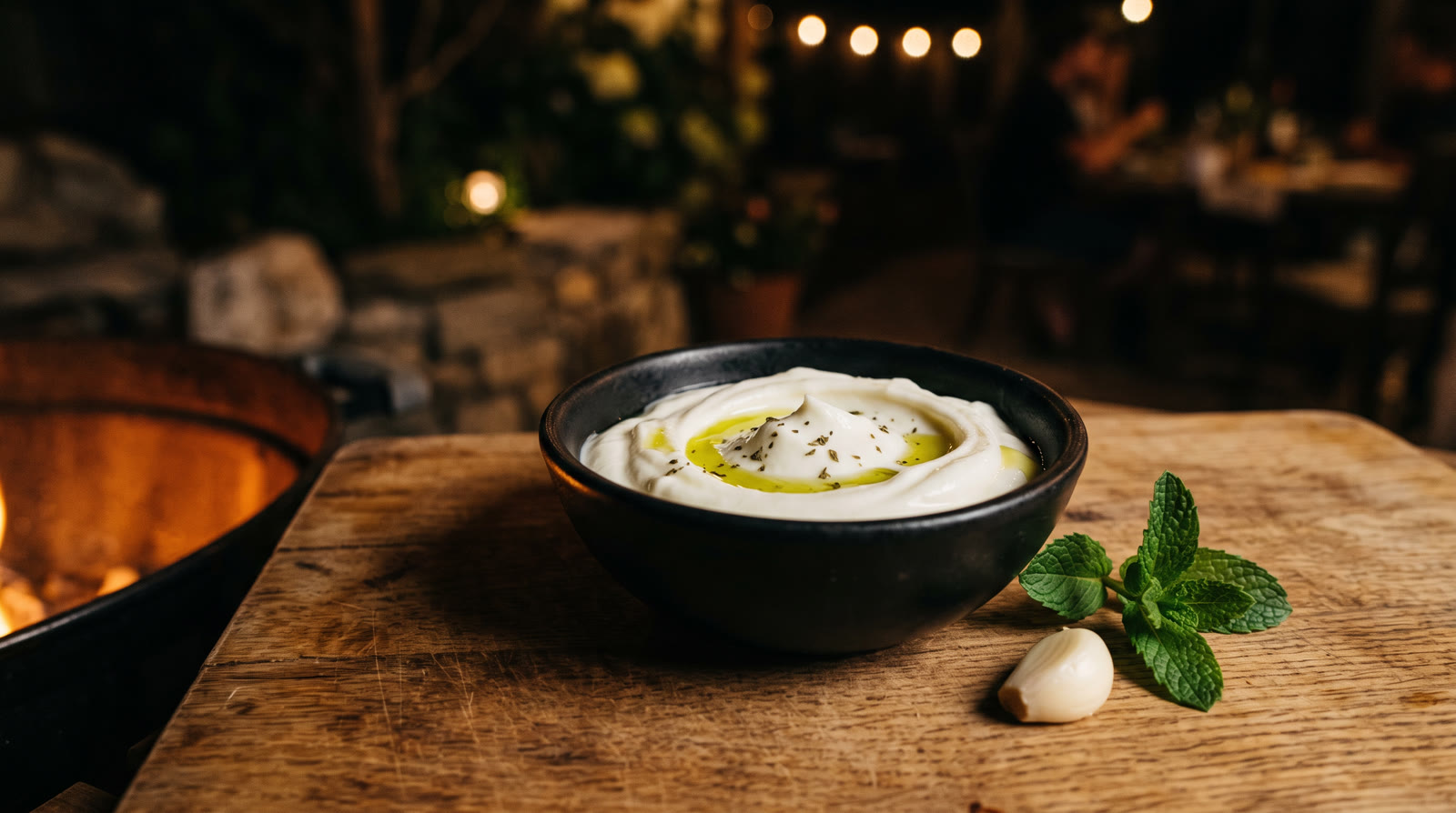 A black bowl of whipped garlic sauce with olive oil and mint