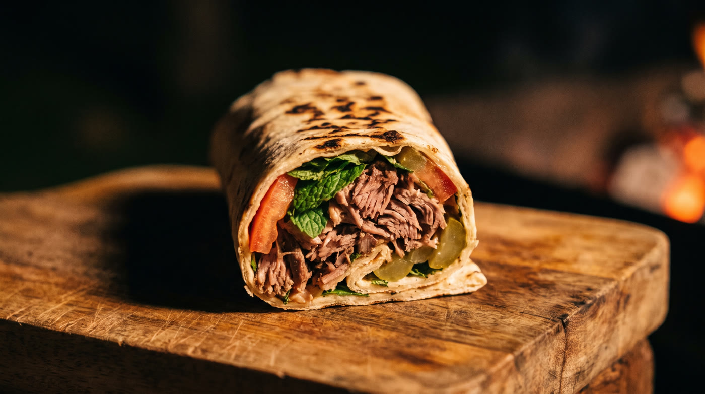 Slow roasted lamb folded into toasted Lebanese bread