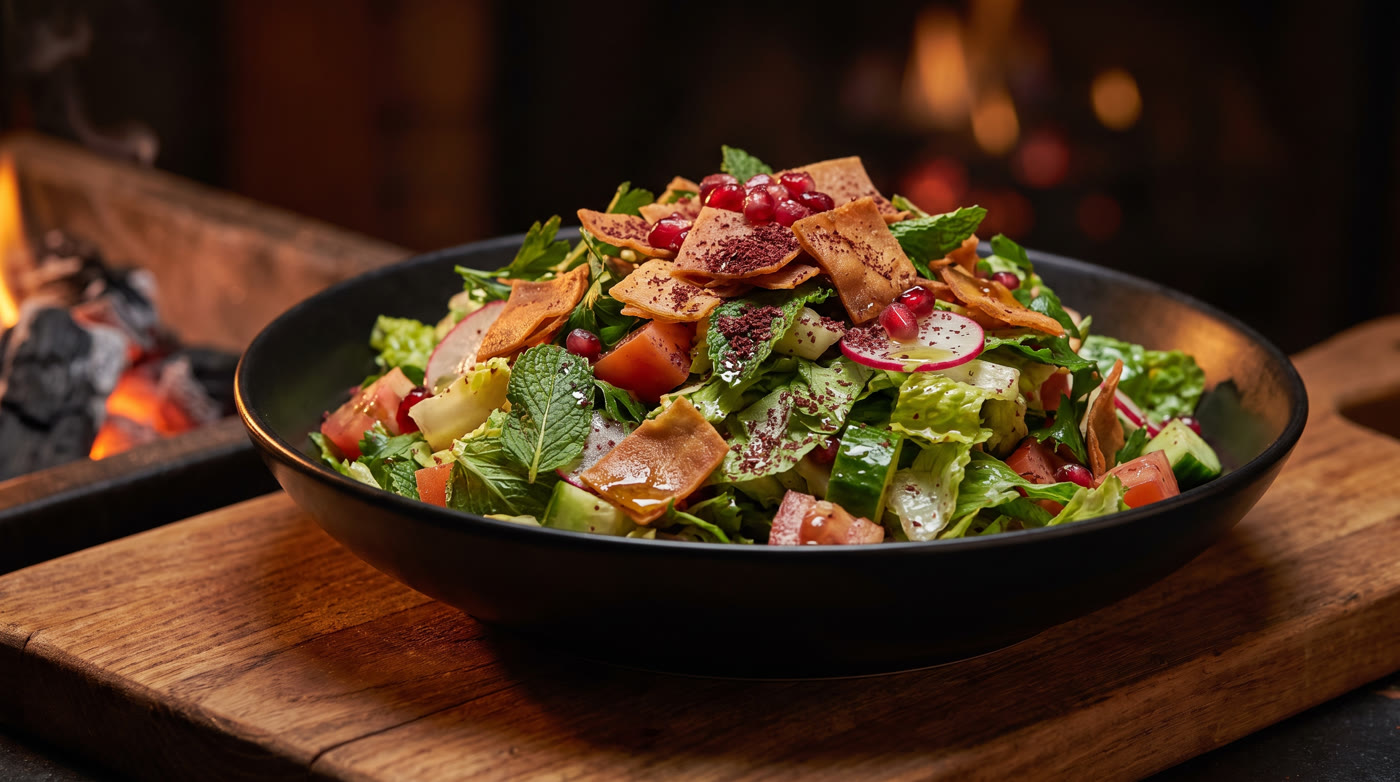 Fattoush salad with sumac and pomegranate in a black bowl